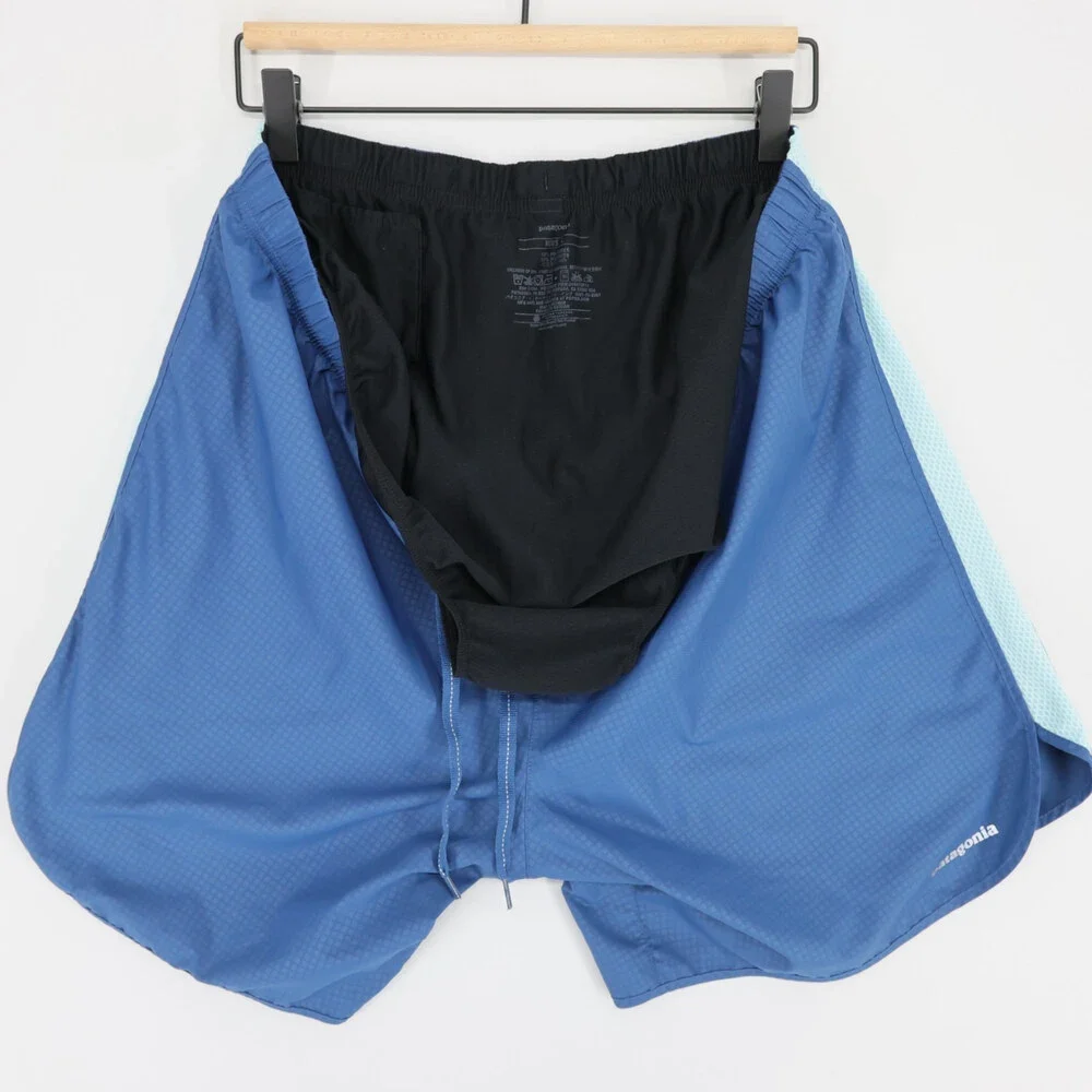 Patagonia Strider Shorts Mens L Blue Grid Running Athletic Lined Drawstring